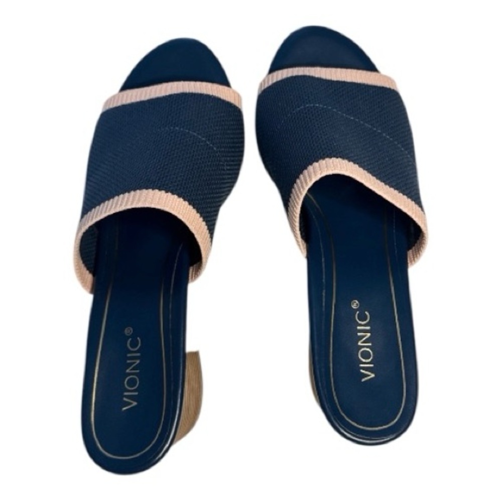 VIONIC Fleur Block Heel Blue w/Pink Trim Mules Knit Upper Slip On Sandals Size 9 - Picture 3 of 7